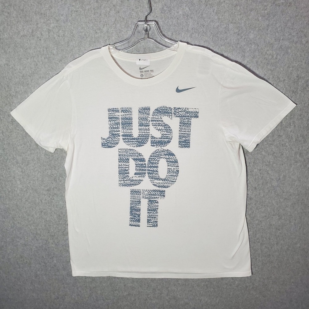 Nike Men T-Shirt Large White Just Do It Swoosh Logo Graphic Print‎ Athletic Cut